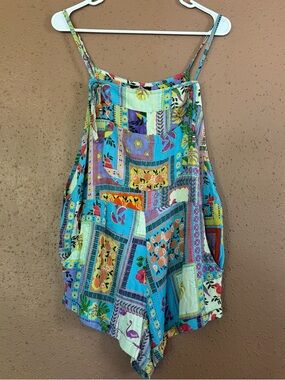 Angie Women Tropical Patchwork Romper Multi-Color Parrot Flamingo Size M NWT